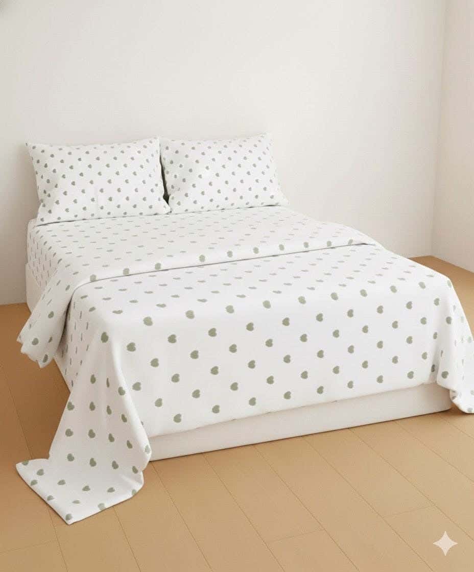 Yarlin Regular Fitted Sheet Set, Cotton Blend, 3 Pieces, 240X260cm, Small Olive Heart Design - Multicolor