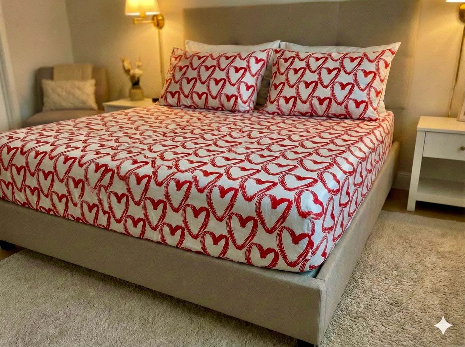 Yarlin Fitted Sheet Set, Cotton Blend, 3 Pieces, 200X160cm, Large Red Heart Design - Multicolor