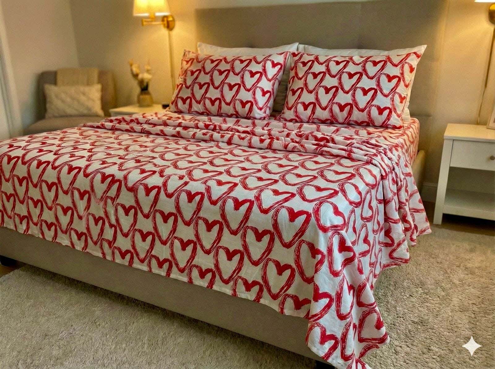 Yarlin Regular Fitted Sheet Set, Cotton Blend, 3 Pieces, 240X280cm, Large Red Heart Design - Multicolor