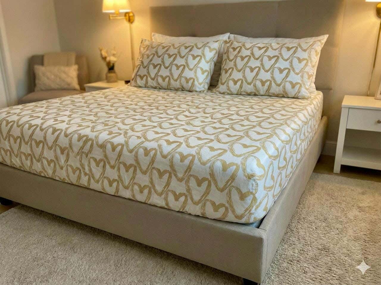 Yarlin Fitted Sheet Set, Cotton Blend, 3 Pieces, 200X200cm, Large Gold Heart Design - Multicolor