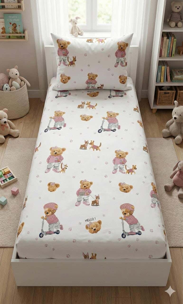 Yarlin Baby Bedding Set With Elastic, Cotton Blend, 2 Pieces, 200X120cm, Hello Teddy Design - Multicolor