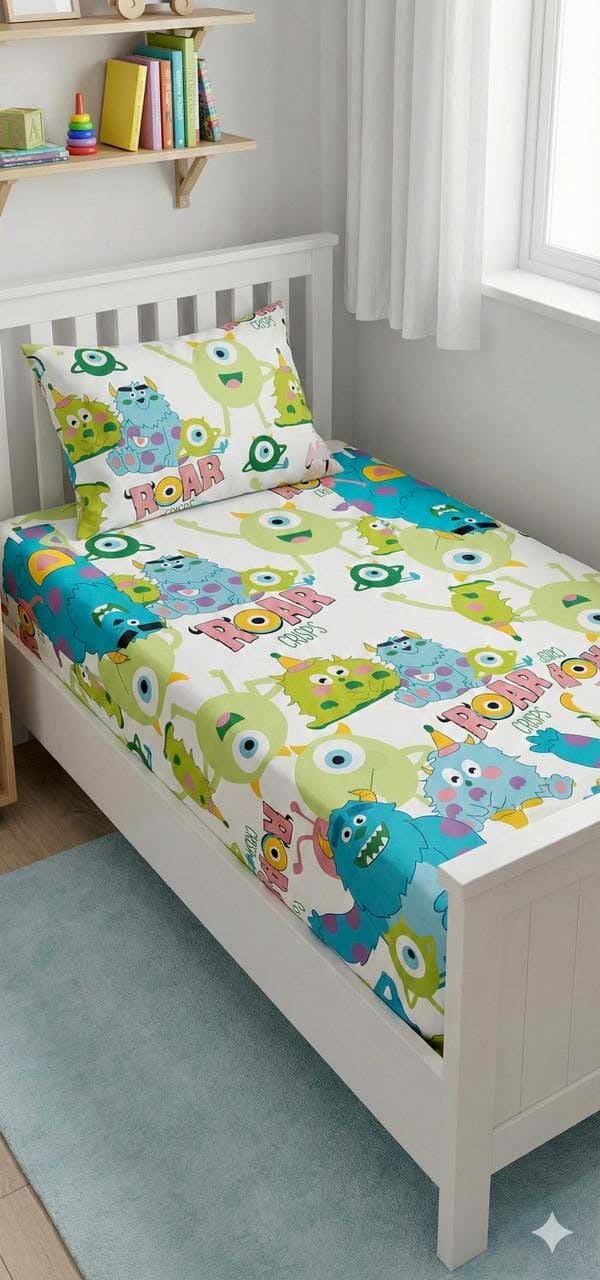 Yarlin Children'S Fitted Sheet Set, Cotton Blend, 2 Pieces, 200X120cm, Monsters, Inc. Design - Multicolor