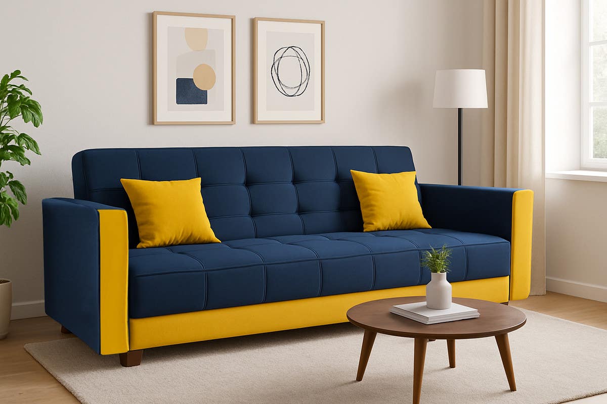 Beech Wood Sofa Bed, 93×200×60 cm - Yellow Blue