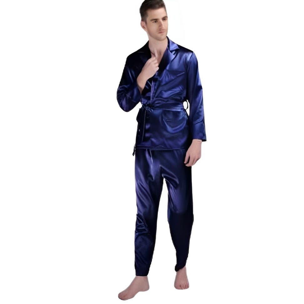 Long Sleeve Satin Pajama Set with Waist Belt for Men, 3 Piece