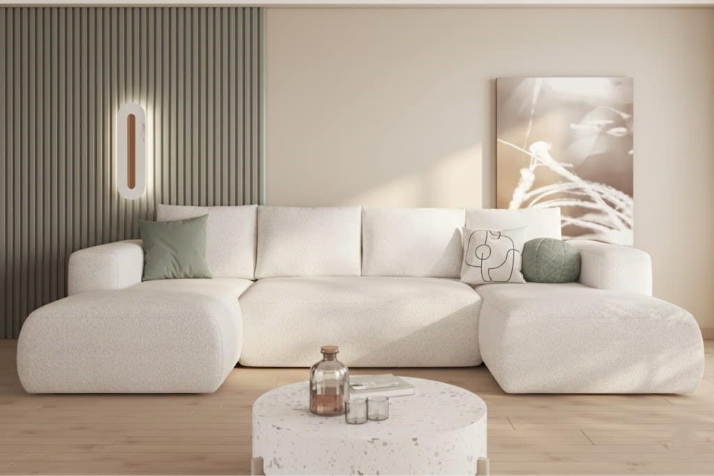 Beech Wood Modern Sofa, 85x300x85x170 cm - Light Beige