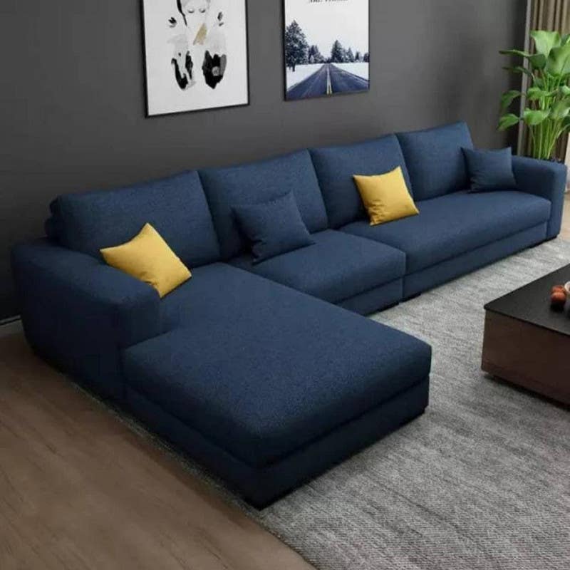 Modern L Shape Beech Wood Sofa, 280X80X75X170 Cm , Linen - Navy